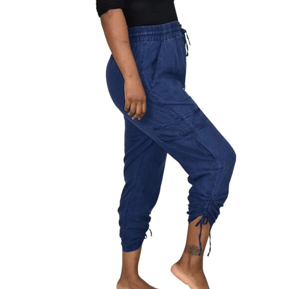 Zara Cargo Pants Blue High Waisted Ruched Crop Jogger Elastic Linen Size Small - Picture 12 of 14